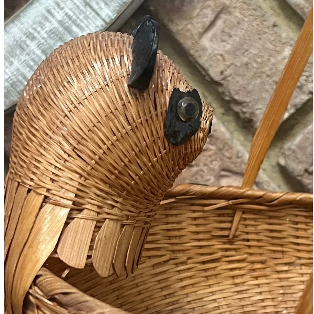 Vtg Shanghai Wicker Rare Panda basket wood and wicker Boho woven rattan Folk Art